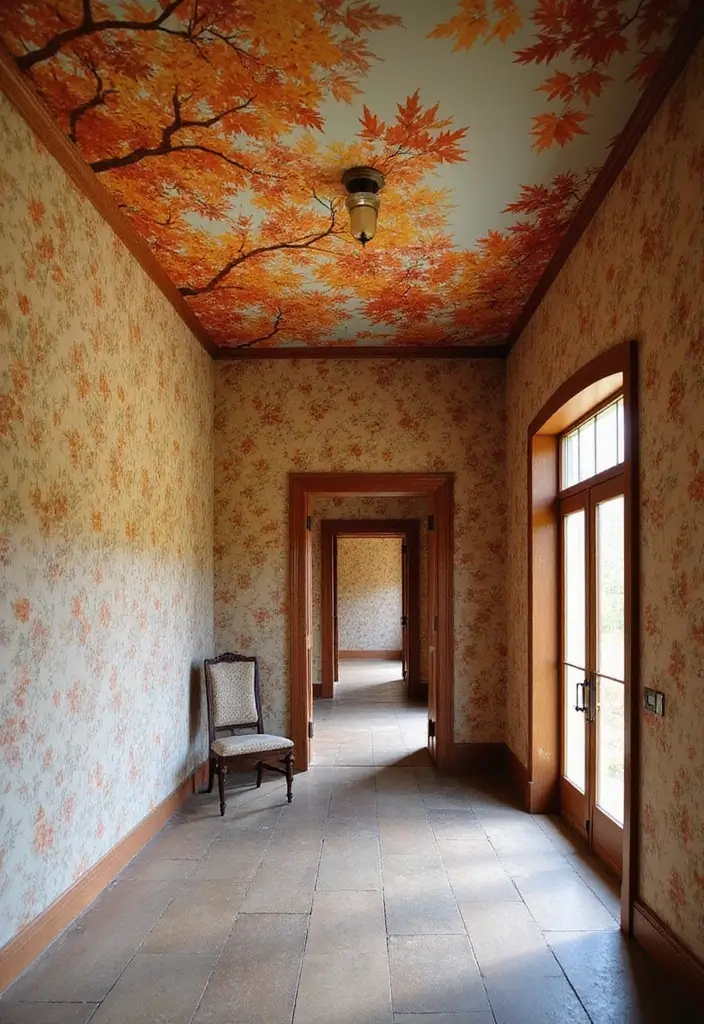27 Fall Ceiling Designs for Hall That Feel Seasonal & Chic - 23. Printed Ceiling Wallpaper