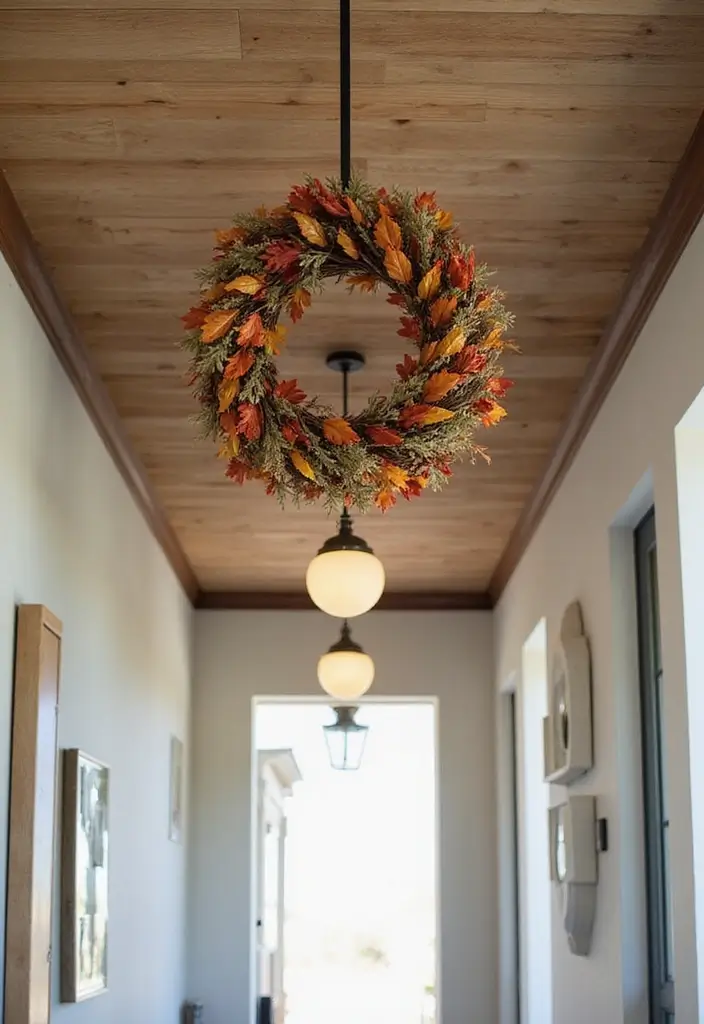27 Fall Ceiling Designs for Hall That Feel Seasonal & Chic - 9. Ceiling-mounted Fall Wreaths
