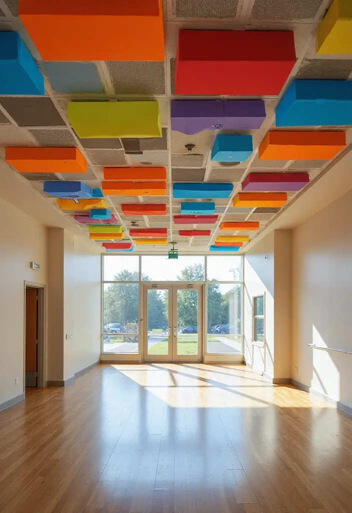 27 Hall False Ceiling Designs That Instantly Upgrade Interiors - 17. Colorful Acoustic Tiles