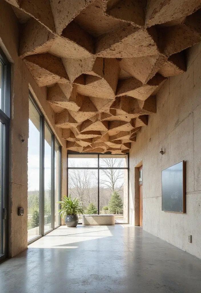 27 Hall False Ceiling Designs That Instantly Upgrade Interiors - 5. Geometric Patterns with Recycled Materials