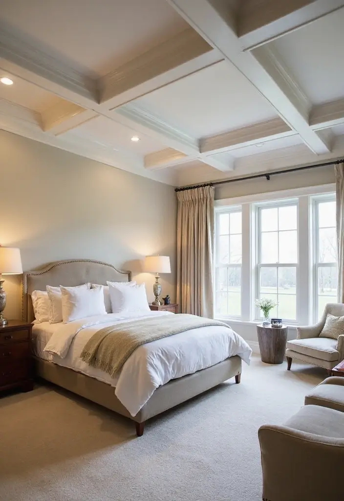 27 Tray Ceiling Bedroom Ideas That Look Sophisticated - 1. Classic White Beams
