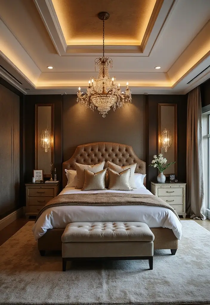 27 Tray Ceiling Bedroom Ideas That Look Sophisticated - 5. Elegant Lighting Fixtures
