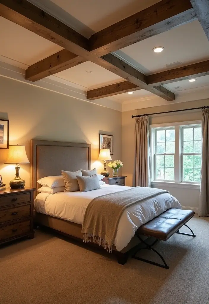 27 Tray Ceiling Bedroom Ideas That Look Sophisticated - 8. Faux Wood Beams