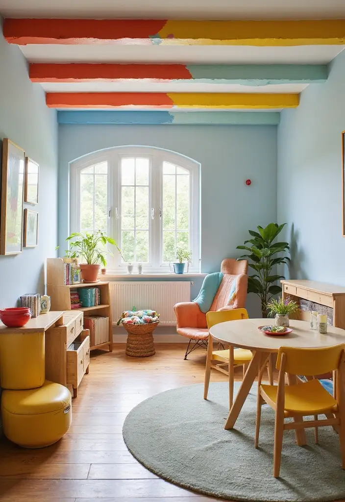 27 Wooden False Ceiling Designs That Add Rustic Elegance - 9. Painted Ceiling Beams
