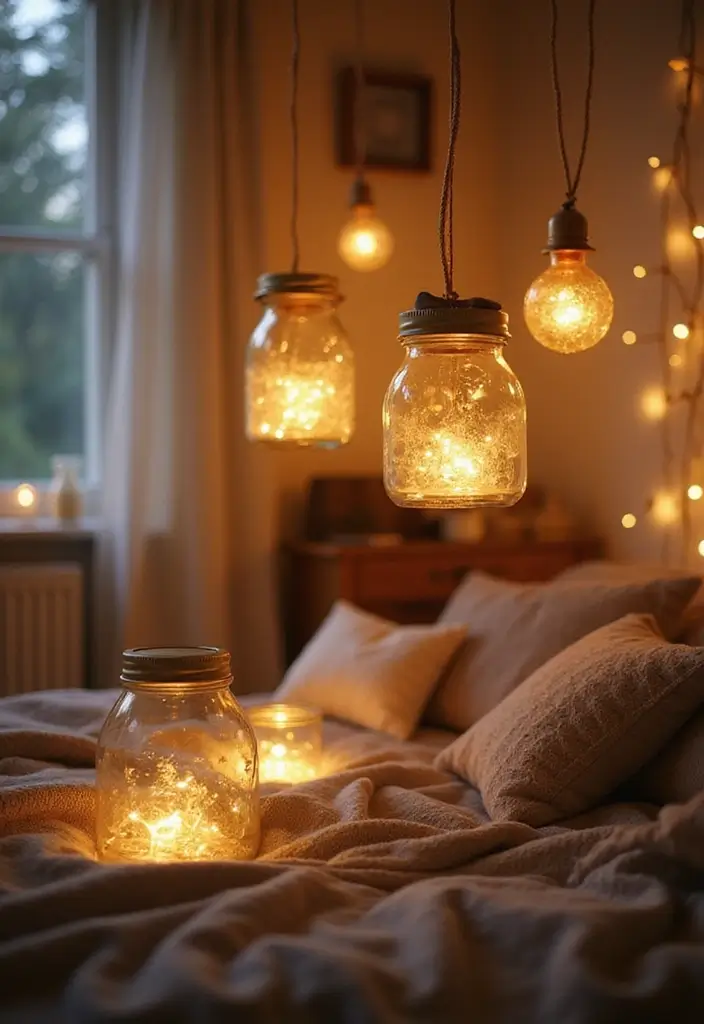 28 Bedroom Ceiling Lighting Ideas That Feel Magical 13 28 Bedroom Ceiling Lighting Ideas That Feel Magical 13. Fairy Light Jars for Whimsical Touches