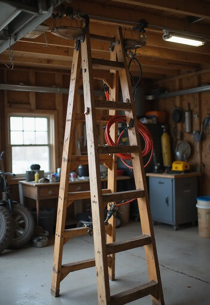 28 Garage Ceiling Ideas That Add Storage and Function - 6. DIY Ladder Storage