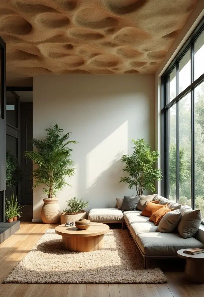 28 Living Room POP Ceiling Designs That Feel Modern and Bright - 10. Nature-Inspired Elements