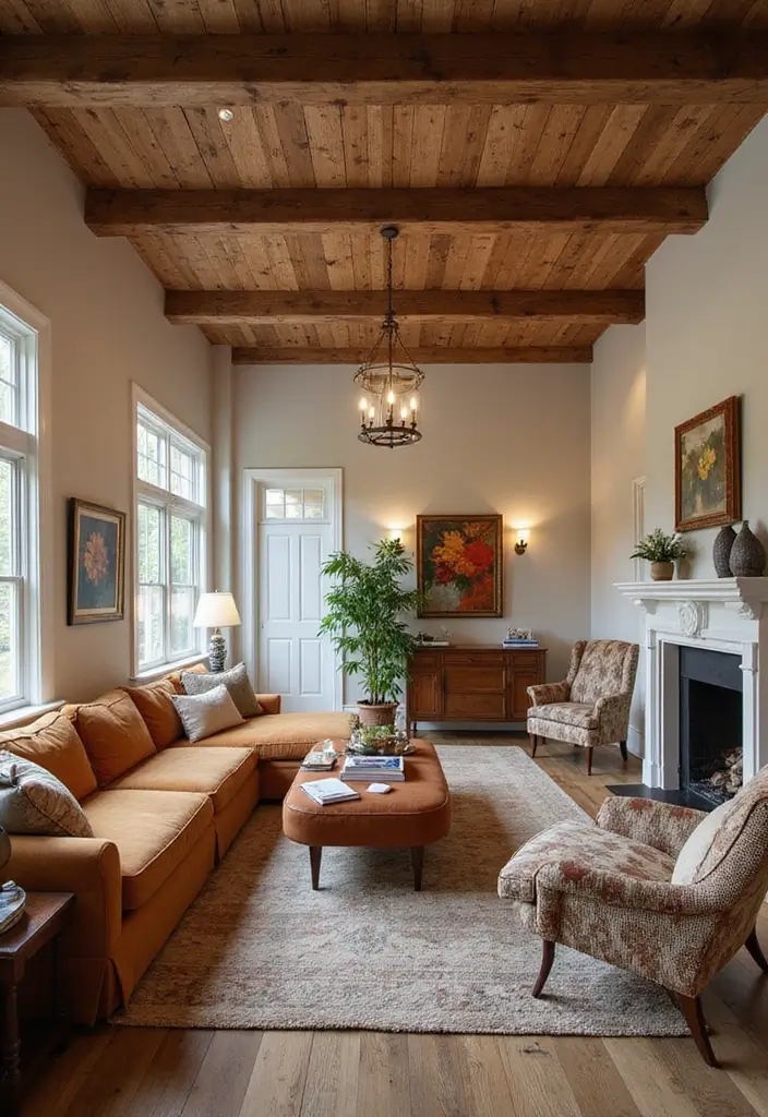 28 Living Room POP Ceiling Designs That Feel Modern and Bright - 13. Open Beams