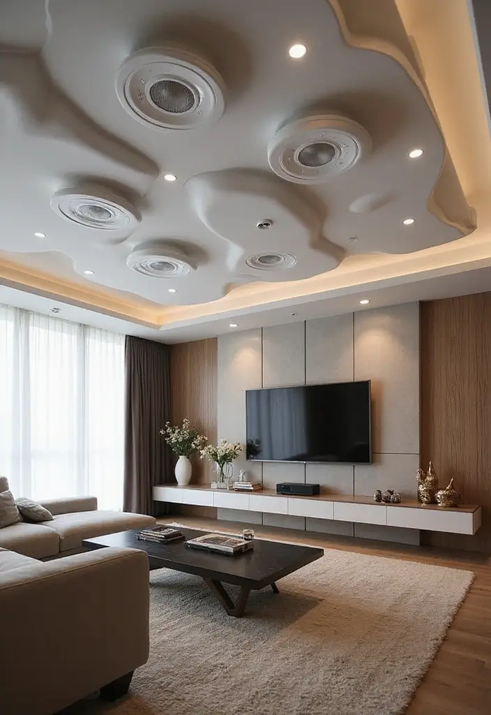 28 Living Room POP Ceiling Designs That Feel Modern and Bright - 15. Integrated Sound Systems