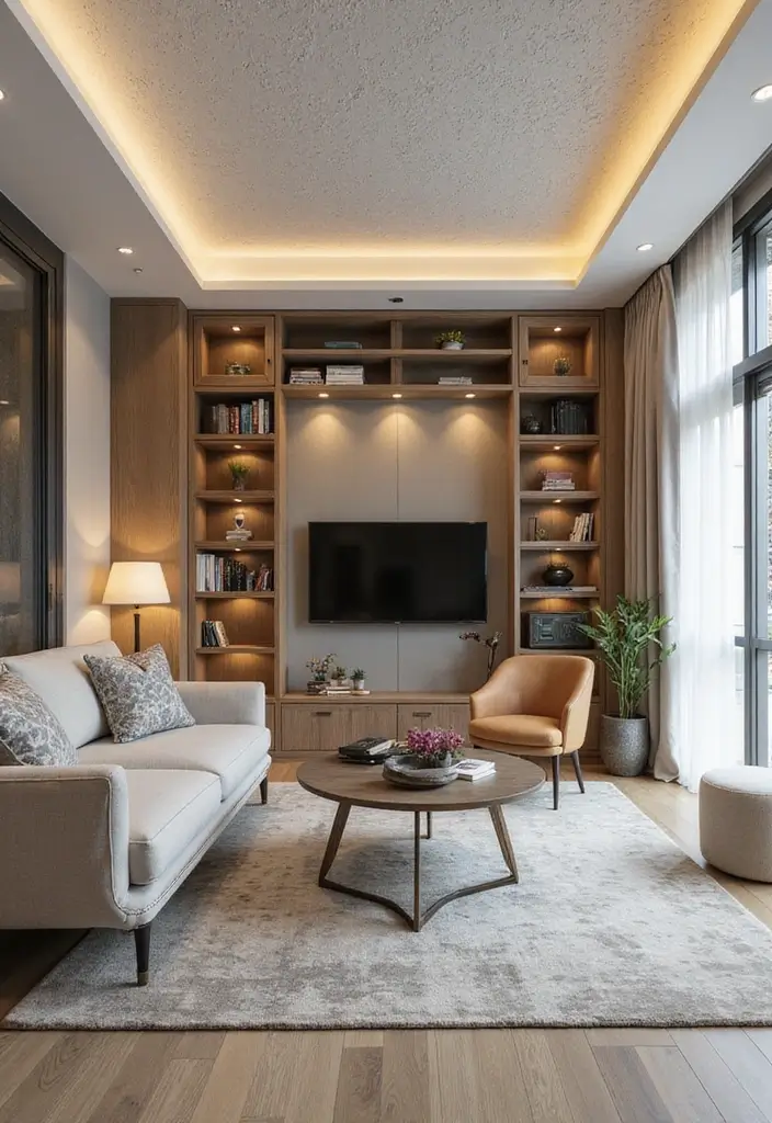 28 Living Room POP Ceiling Designs That Feel Modern and Bright - 16. Multifunctional Ceilings