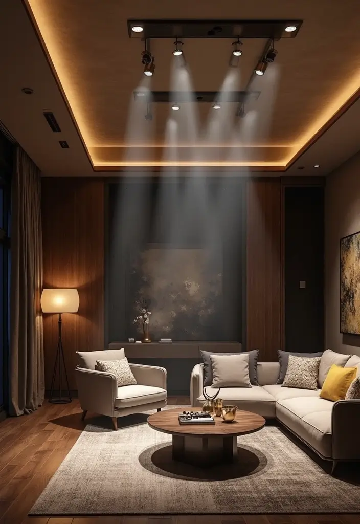 28 Living Room POP Ceiling Designs That Feel Modern and Bright - 17. Dramatic Spotlights