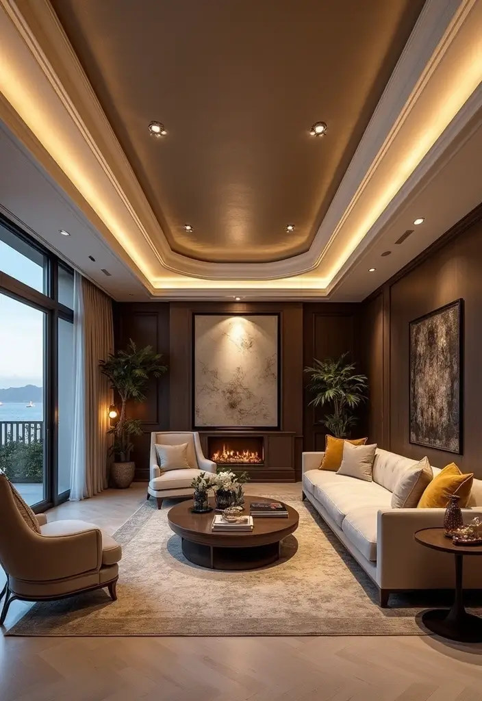 28 Living Room POP Ceiling Designs That Feel Modern and Bright - 19. Elegant Tray Ceilings