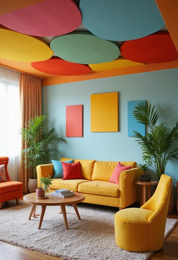 28 Living Room POP Ceiling Designs That Feel Modern and Bright - 20. Playful Colors