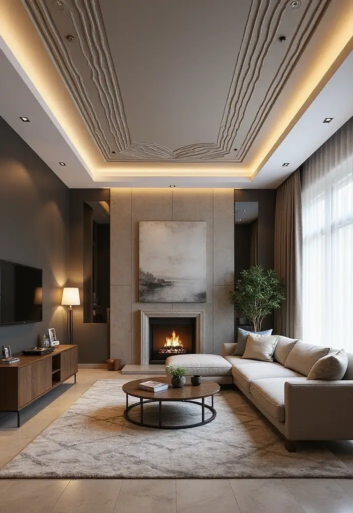 28 Living Room POP Ceiling Designs That Feel Modern and Bright - 21. Chic Linear Designs