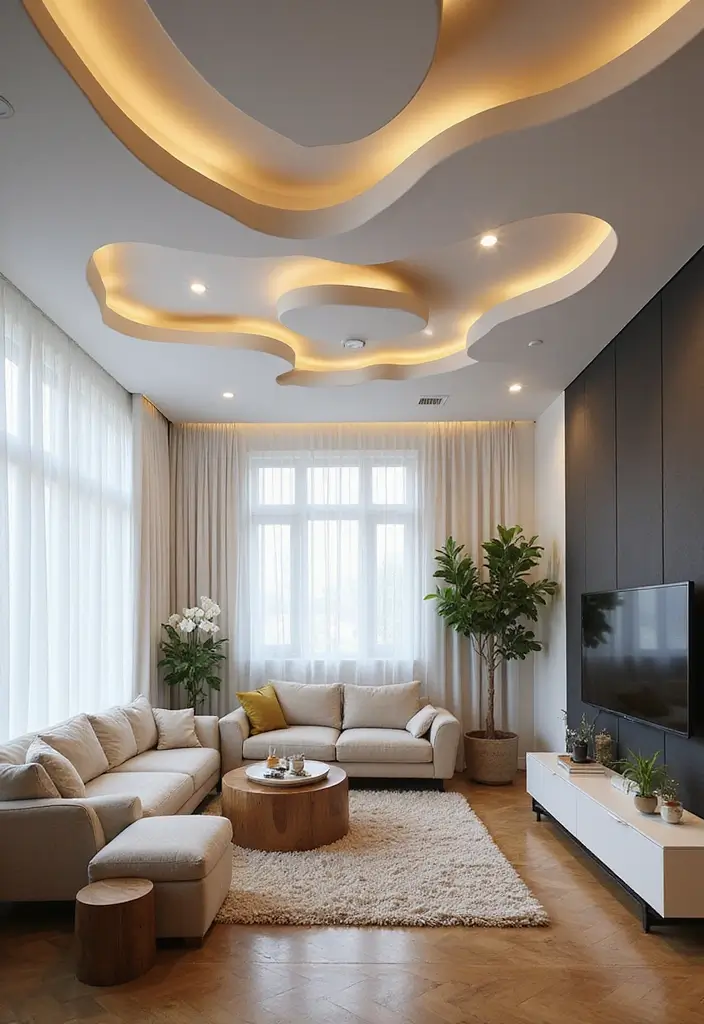 28 Living Room POP Ceiling Designs That Feel Modern and Bright - 23. Unique Shapes