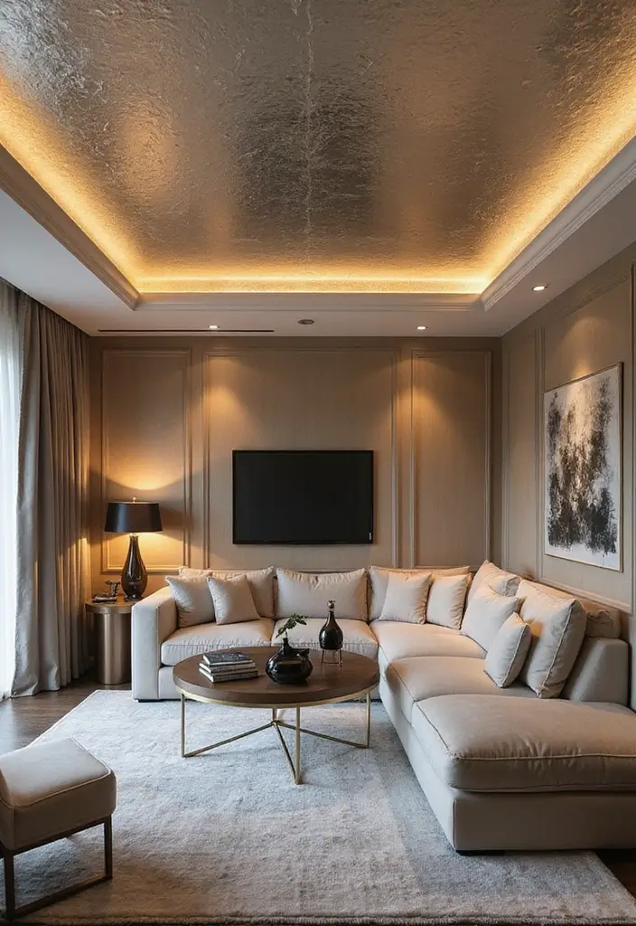 28 Living Room POP Ceiling Designs That Feel Modern and Bright - 24. Subtle Metallic Finishes