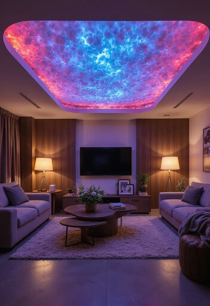 28 Living Room POP Ceiling Designs That Feel Modern and Bright - 27. Dynamic Lighting Effects