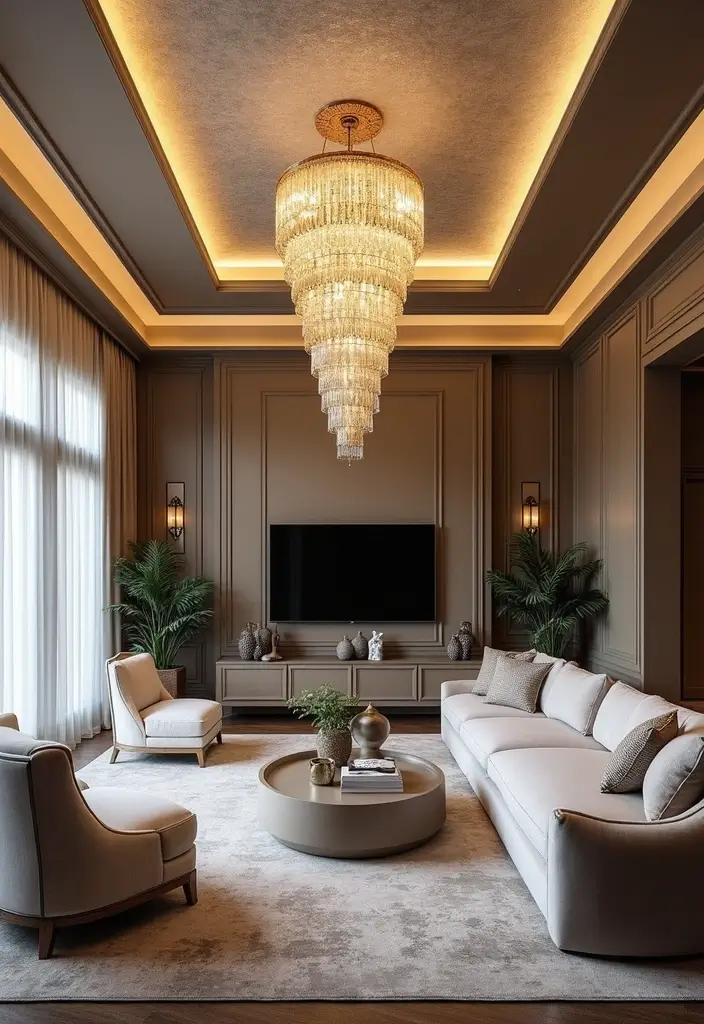 28 Living Room POP Ceiling Designs That Feel Modern and Bright - 28. Statement Chandeliers