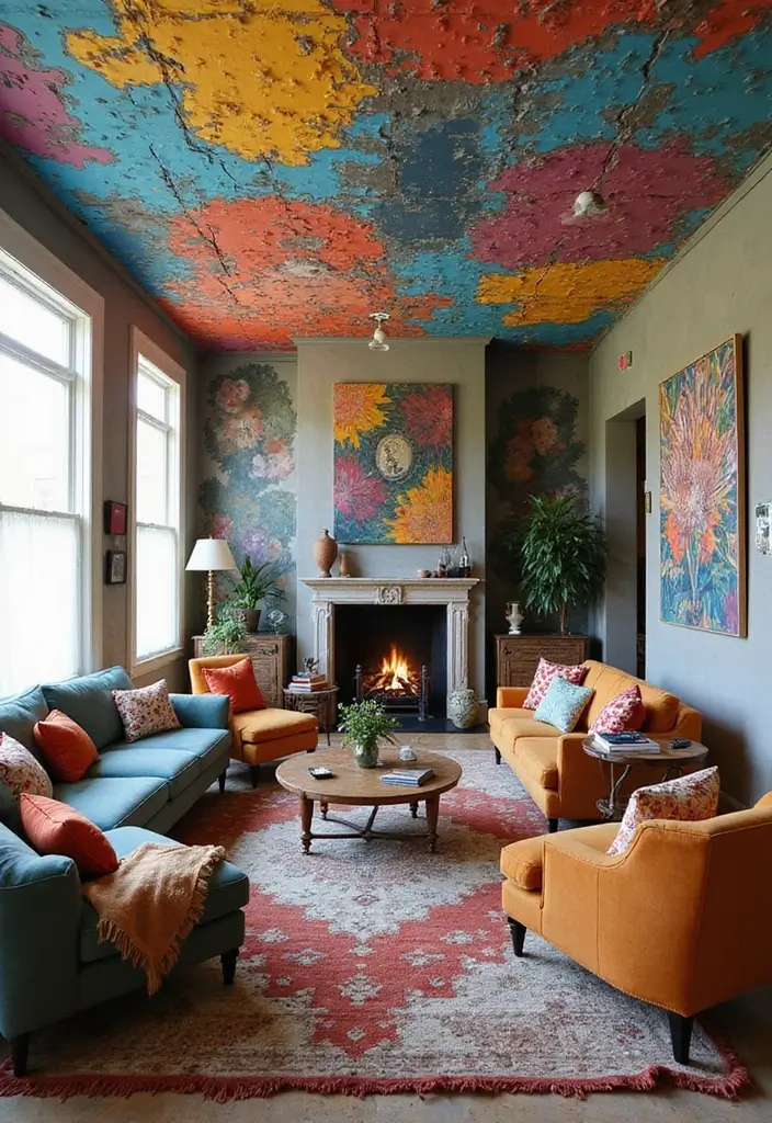 28 Living Room POP Ceiling Designs That Feel Modern and Bright - 8. Artistic Murals