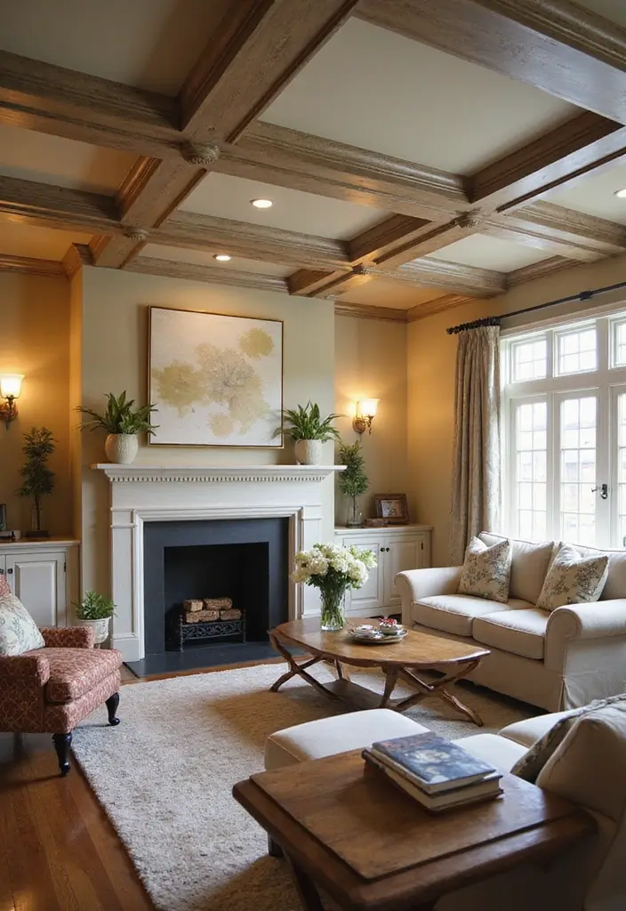 28 Modern Coffered Ceiling Designs That Feel Fresh - 20. Ceiling with Decorative Beams