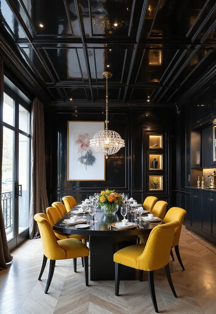 28 Modern Coffered Ceiling Designs That Feel Fresh - 26. High Gloss Black Coffered Ceiling
