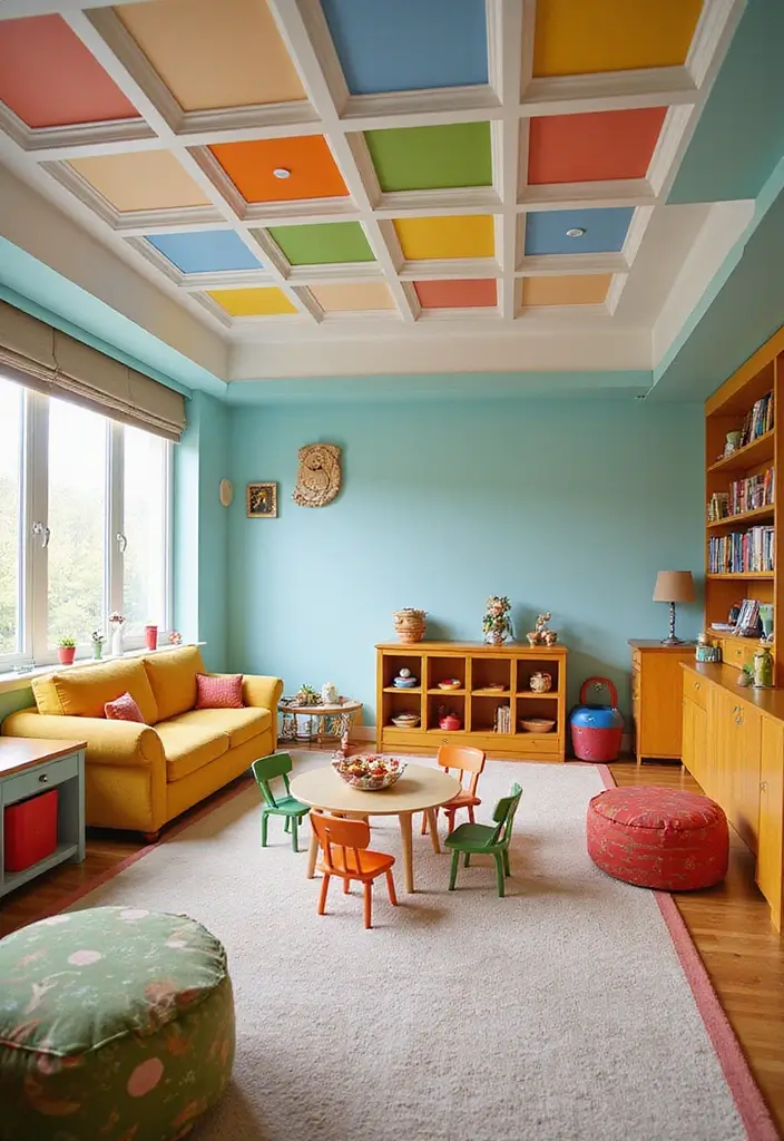 28 Modern Coffered Ceiling Designs That Feel Fresh - 28. Playful Coffered Ceiling with Colorful Panels