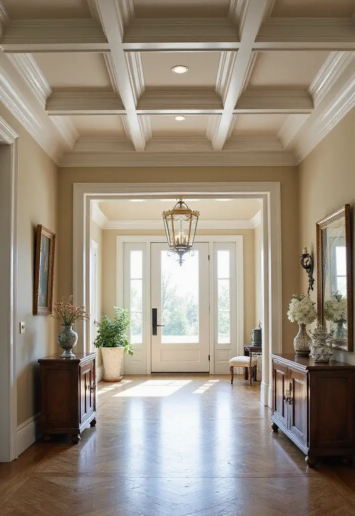 28 Modern Coffered Ceiling Designs That Feel Fresh - 8. Coffered Ceiling with Crown Molding