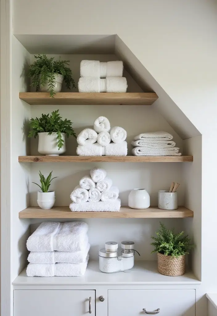28 Sloped Ceiling Bathroom Ideas That Add Unique Character - 1. Use Built-In Shelving for Maximum Storage