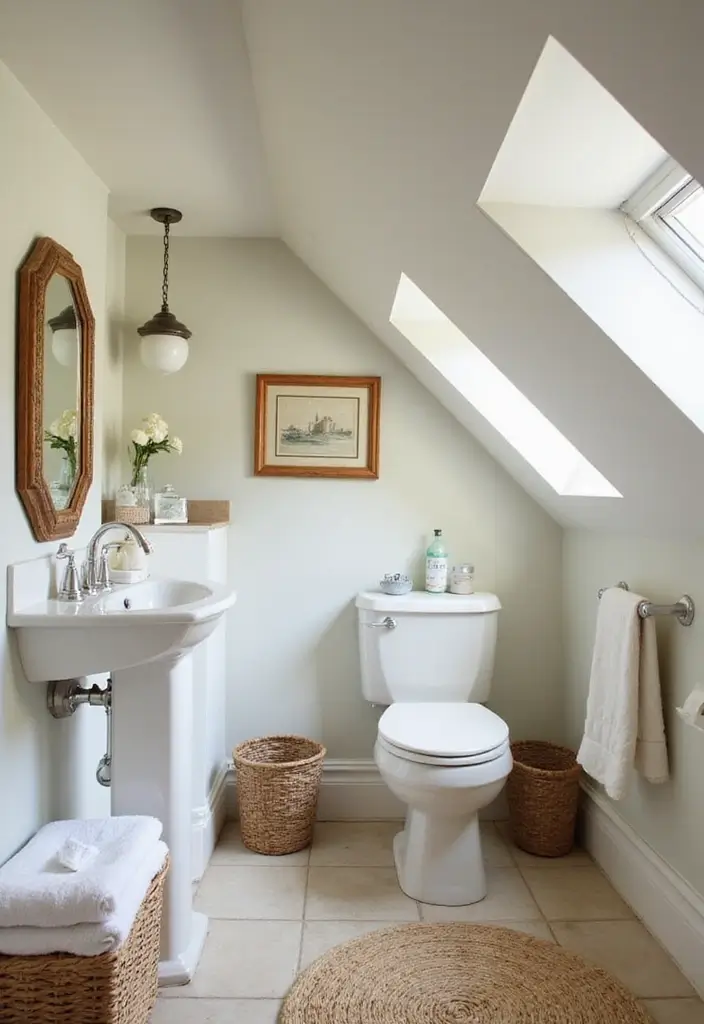 28 Sloped Ceiling Bathroom Ideas That Add Unique Character - 12. Create Visual Balance with Decor