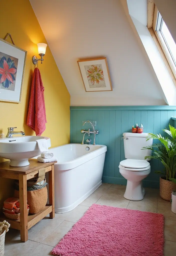 28 Sloped Ceiling Bathroom Ideas That Add Unique Character - 14. Use Colorful Accents for Interest