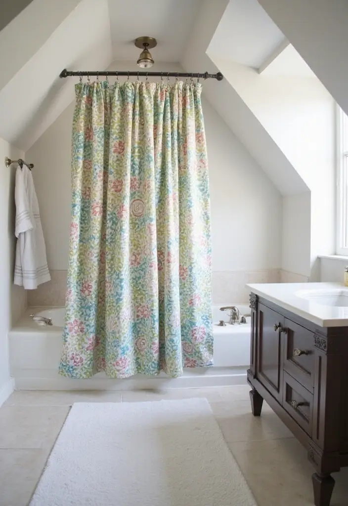 28 Sloped Ceiling Bathroom Ideas That Add Unique Character - 17. Choose a Unique Shower Curtain