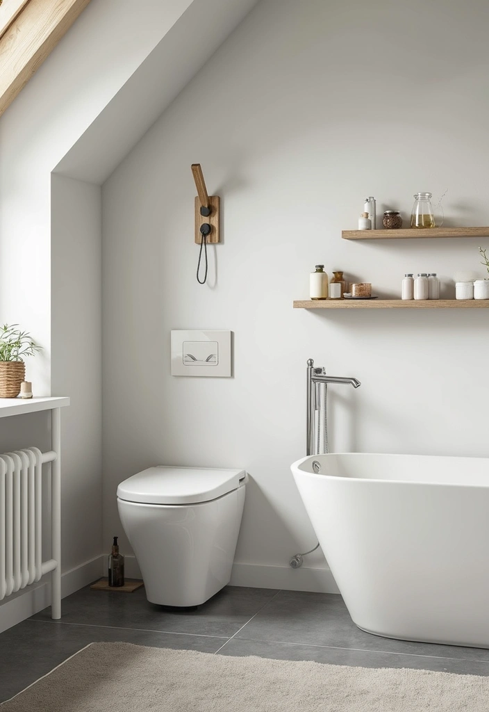 28 Sloped Ceiling Bathroom Ideas That Add Unique Character - 18. Maximize Wall Space with Hooks and Racks