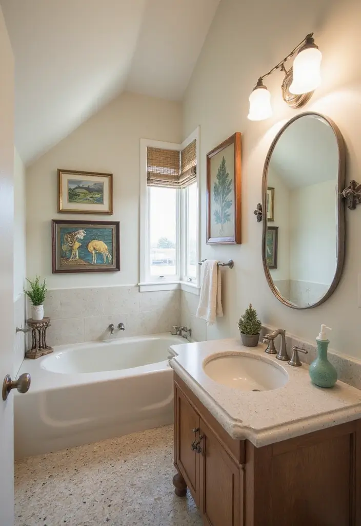 28 Sloped Ceiling Bathroom Ideas That Add Unique Character - 22. Personalize with Artwork