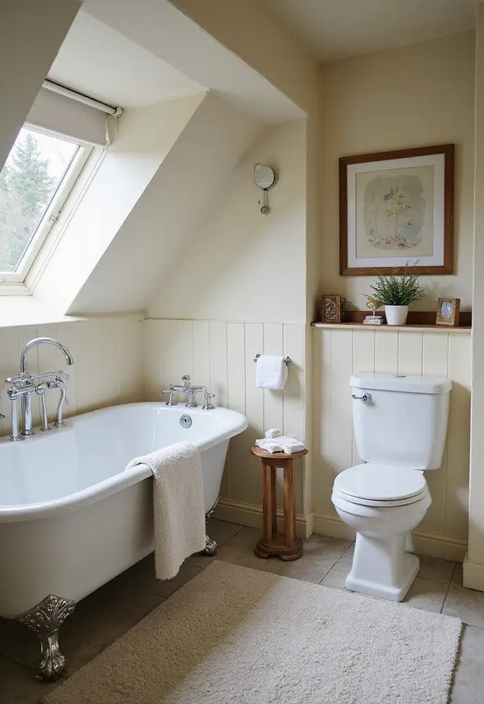 28 Sloped Ceiling Bathroom Ideas That Add Unique Character - 24. Add a Touch of Vintage