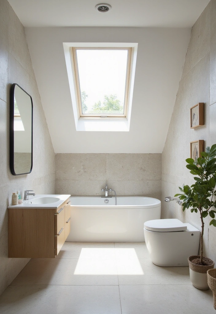 28 Sloped Ceiling Bathroom Ideas That Add Unique Character - 3. Install Skylights for Natural Light