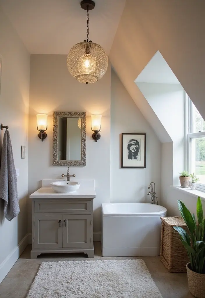 28 Sloped Ceiling Bathroom Ideas That Add Unique Character - 5. Incorporate Unique Lighting Fixtures