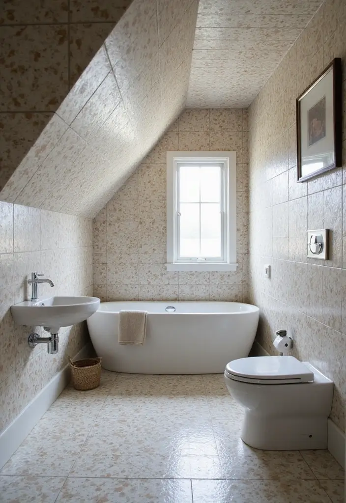 28 Sloped Ceiling Bathroom Ideas That Add Unique Character - 9. Consider a Creative Tile Layout