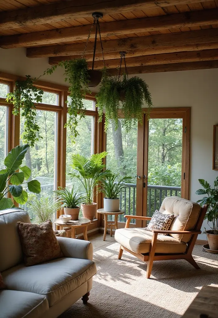 29 Ceiling Beam Designs That Add Architectural Charm - 23. Beams with Hanging Plants