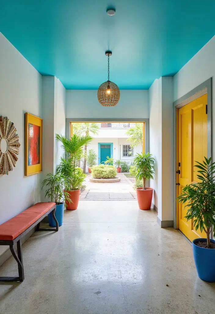 29 Ceiling Paint Design Inspirations That Go Beyond White - 24. Bright Cyan for a Bold Entryway
