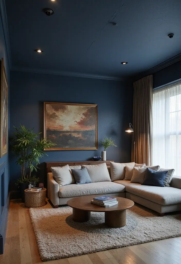 29 Ceiling Paint Design Inspirations That Go Beyond White - 3. Deep Indigo for a Dramatic Touch
