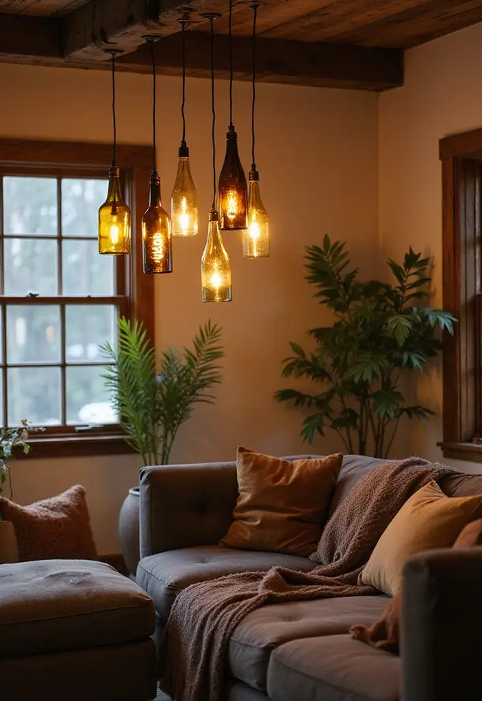 29 Living Room Ceiling Light Ideas That Glow Perfectly 16 29 Living Room Ceiling Light Ideas That Glow Perfectly - 16. Upcycled Wine Bottle Lights