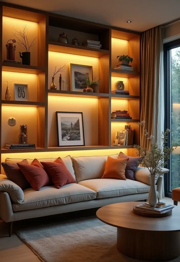 29 Living Room Ceiling Light Ideas That Glow Perfectly 23 29 Living Room Ceiling Light Ideas That Glow Perfectly - 23. Lighted Shelves and Walls