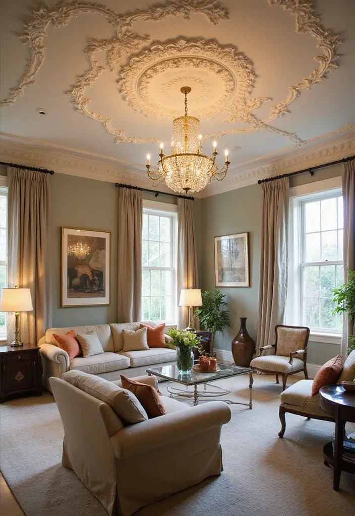 29 Living Room Ceiling Light Ideas That Glow Perfectly 24 29 Living Room Ceiling Light Ideas That Glow Perfectly - 24. Decorative Ceiling Medallions