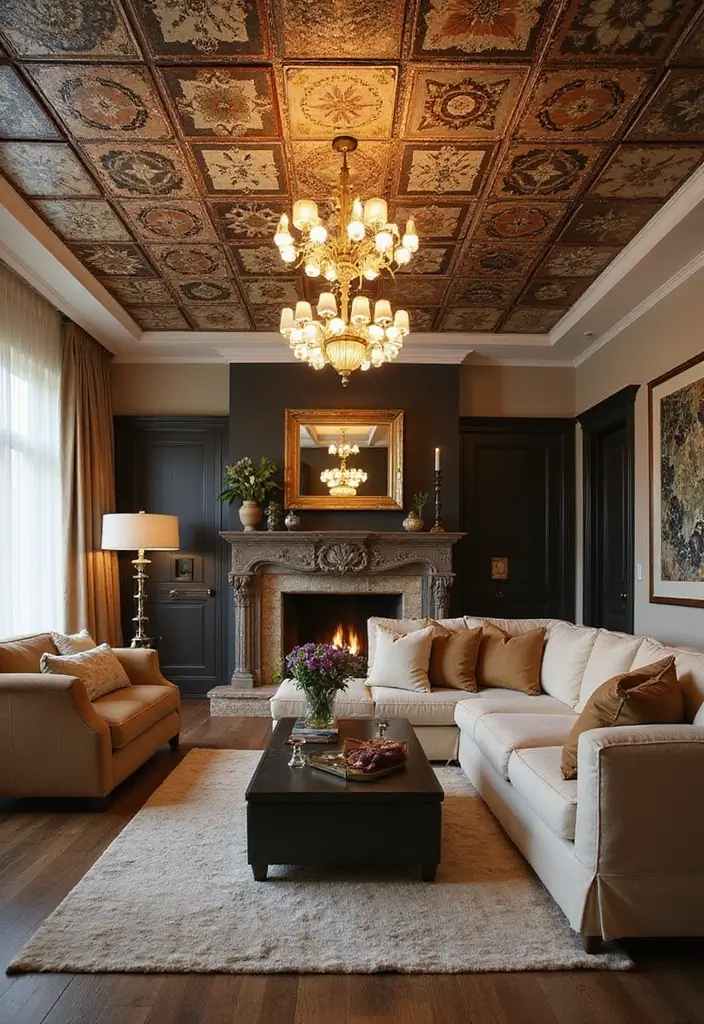 29 Living Room Ceiling Light Ideas That Glow Perfectly 25 29 Living Room Ceiling Light Ideas That Glow Perfectly - 25. Artistic Ceiling Tiles