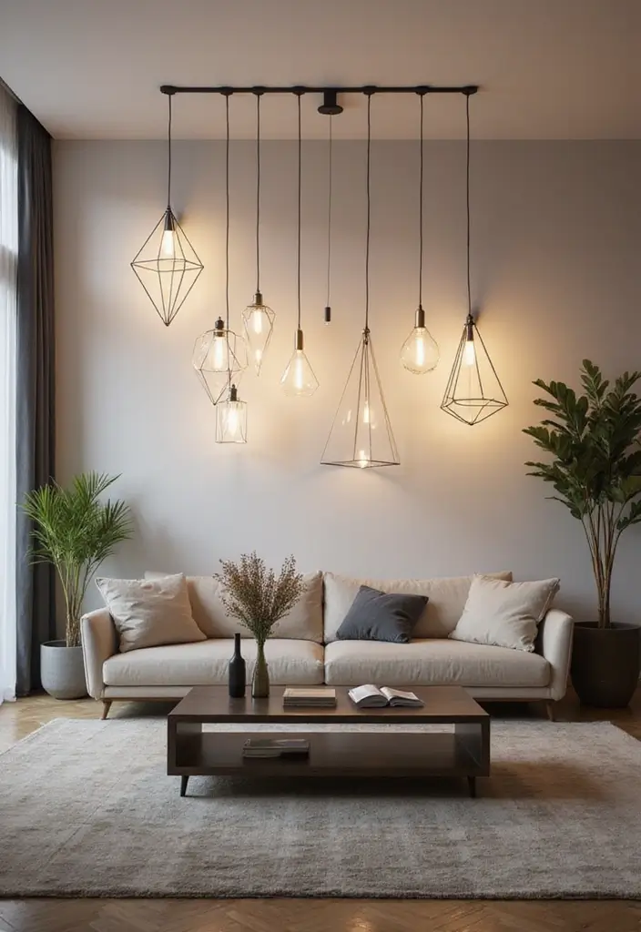 29 Living Room Ceiling Light Ideas That Glow Perfectly 7 29 Living Room Ceiling Light Ideas That Glow Perfectly - 7. Minimalist Geometric Light Fixtures
