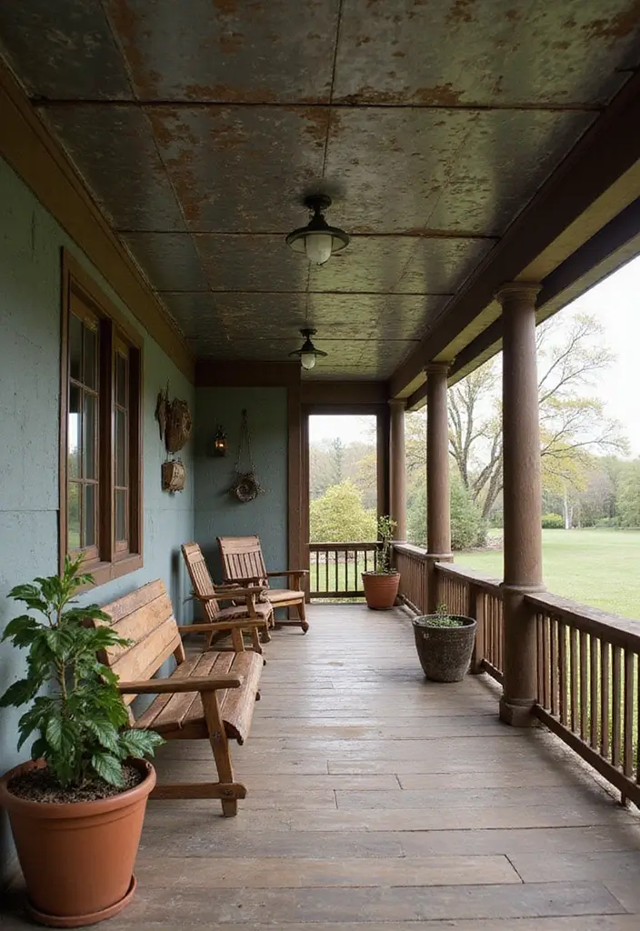 29 Porch Ceiling Inspirations That Make Outdoor Spaces Charming - 13. Rustic Tin Ceilings for Vintage Charm