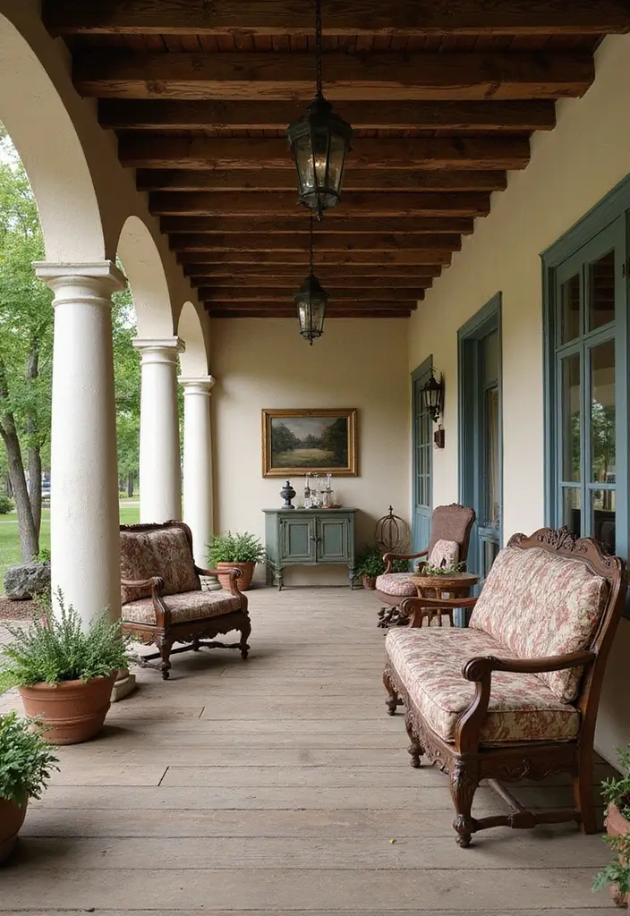29 Porch Ceiling Inspirations That Make Outdoor Spaces Charming - 16. Vintage Beams for Historic Appeal