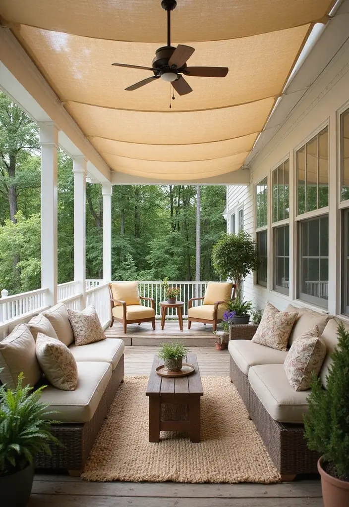 29 Porch Ceiling Inspirations That Make Outdoor Spaces Charming - 21. Sunshade Ceilings for Controlled Light