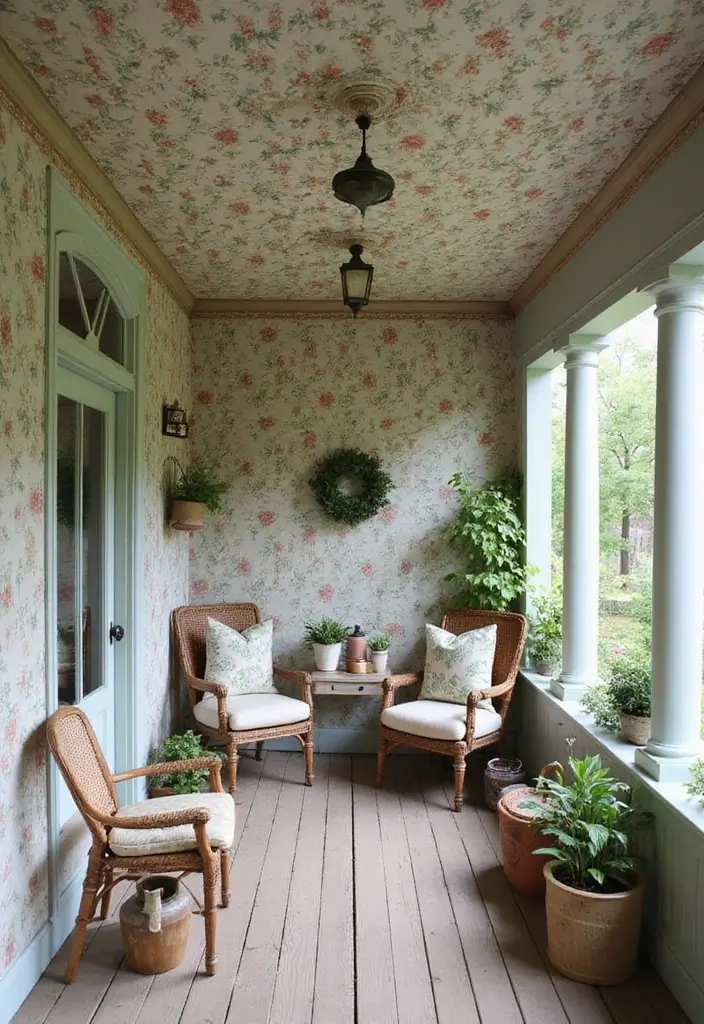 29 Porch Ceiling Inspirations That Make Outdoor Spaces Charming - 28. Vintage Wallpapered Ceilings for a Unique Touch