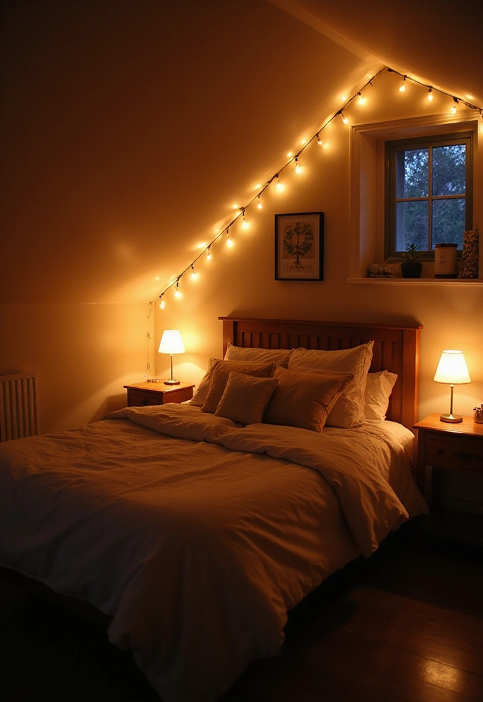 29 Slanted Ceiling Bedroom Ideas That Maximize Style and Space - 11. Soft Lighting Options for Ambiance